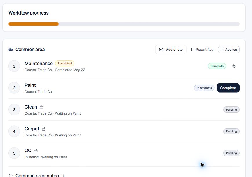 Luxxe Board Unit 102 showing real vendor trade completion statuses